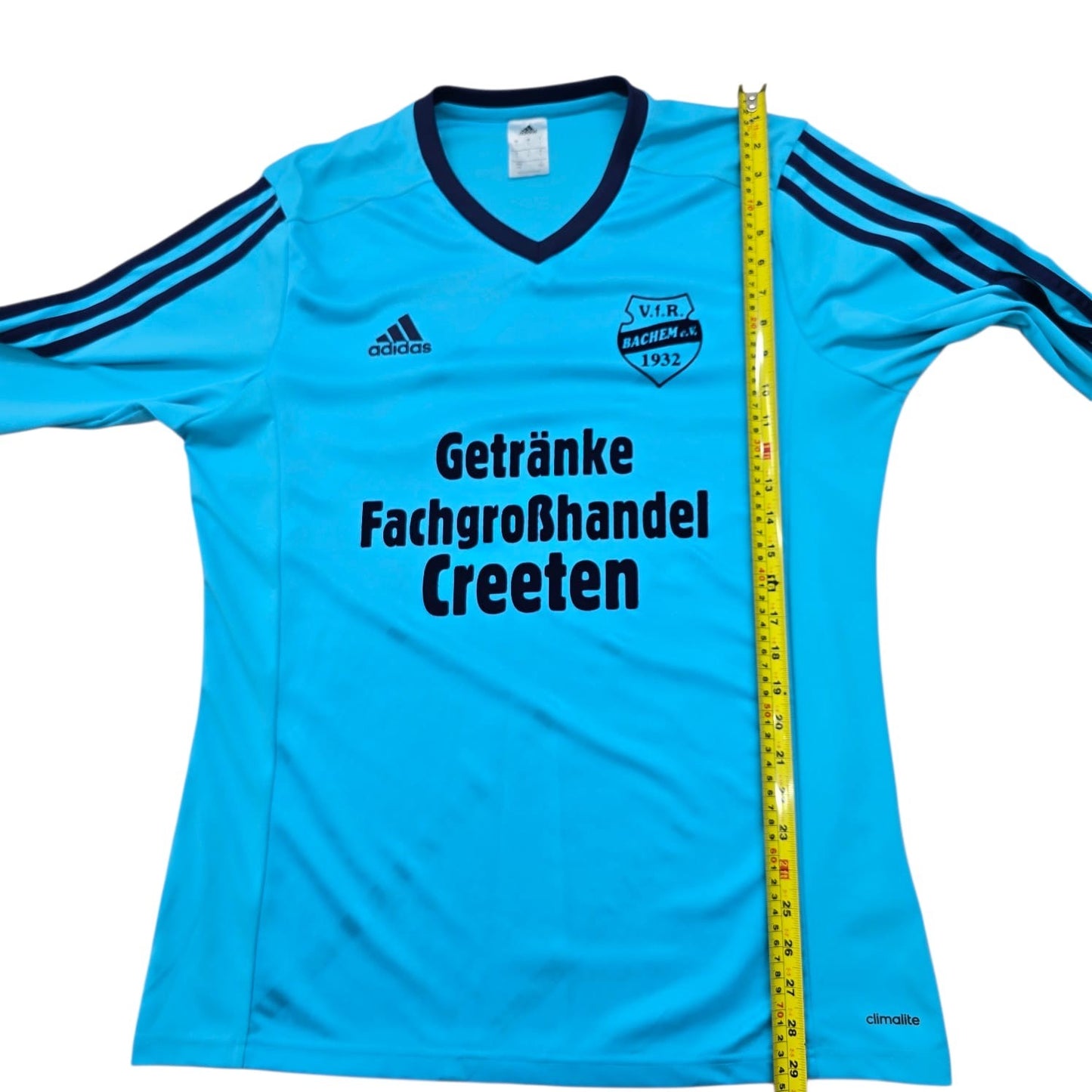 Adidas Men's Cyan Blue Striped Soccer Jersey L V-Neck Long Sleeve