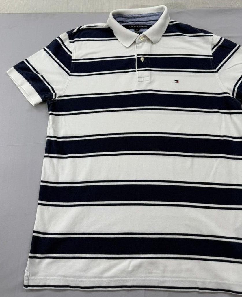 Tommy Hilfiger Men's Navy Stripe Polo Shirt Size L Custom Fit Cotton