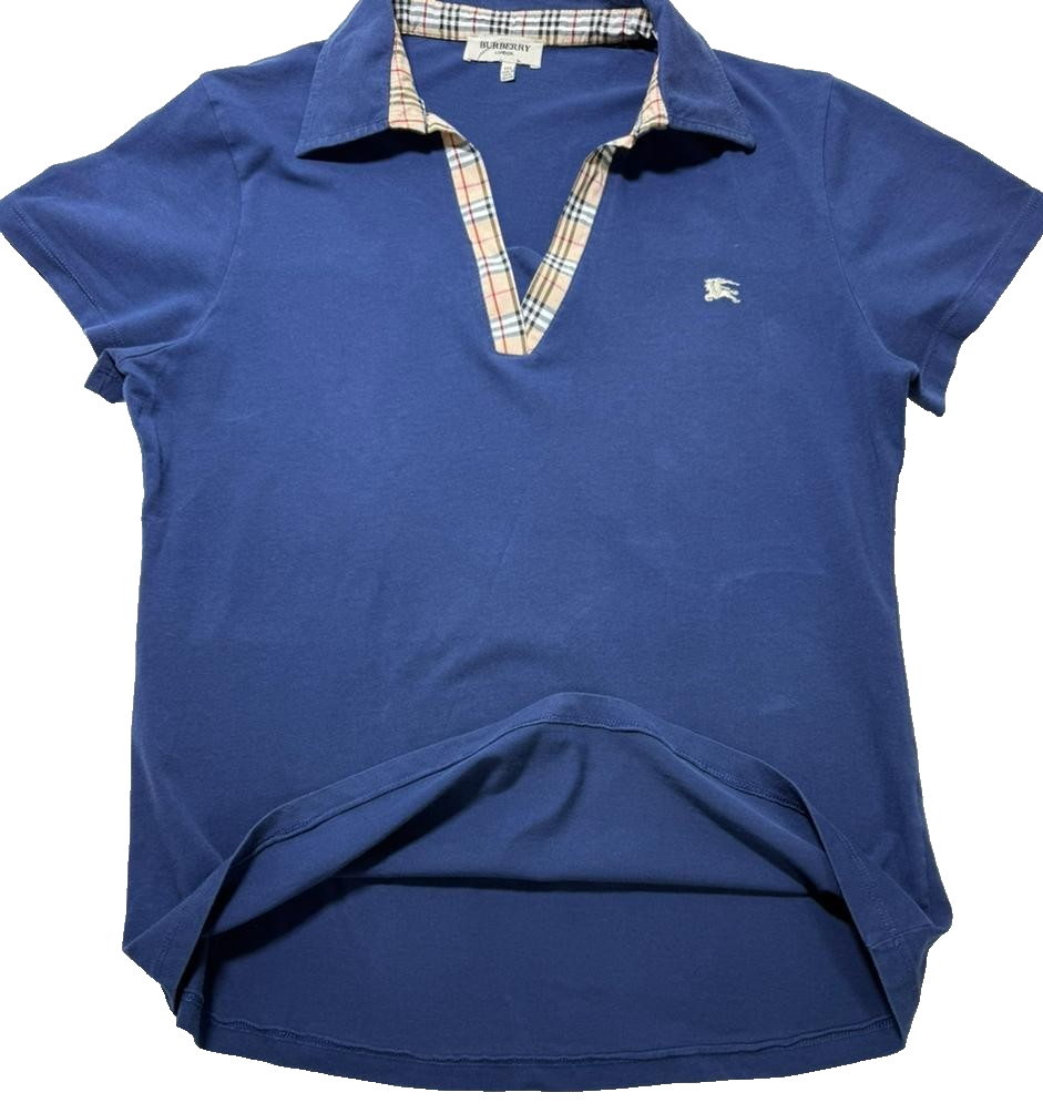 Burberry Blue Plaid Trim Polo Shirt Women's Size 3Xl