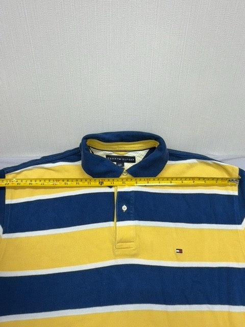 Tommy Hilfiger Men's Navy Yellow Striped Polo Shirt Size L Cotton