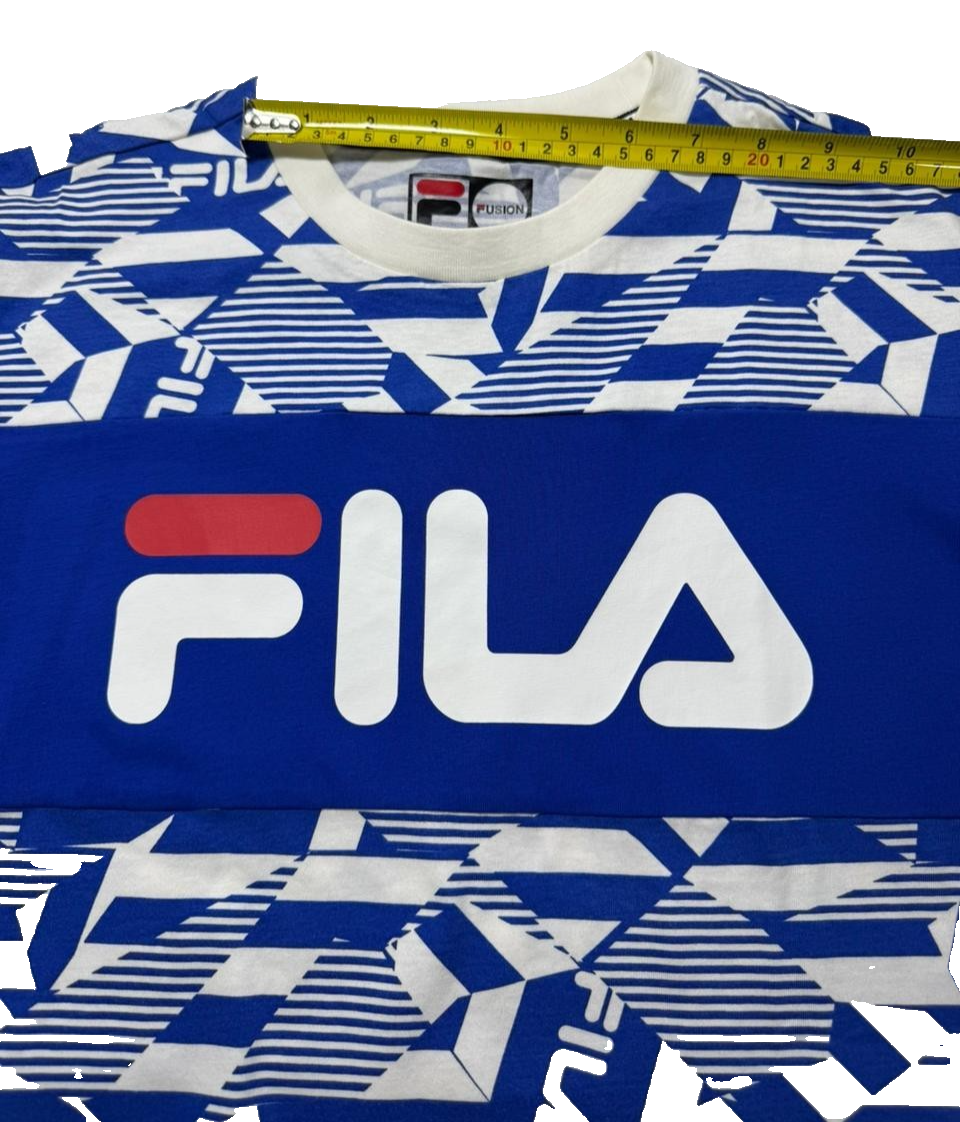 Fila Men's Graphic T-Shirt Blue White All Over Print Logo Short Sleeve - Size S