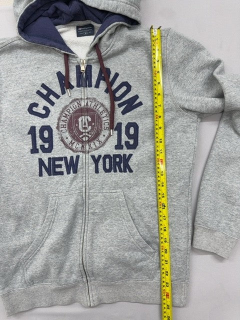 Champion New York Zip Hoodie Gray M Fleece Graphic Print