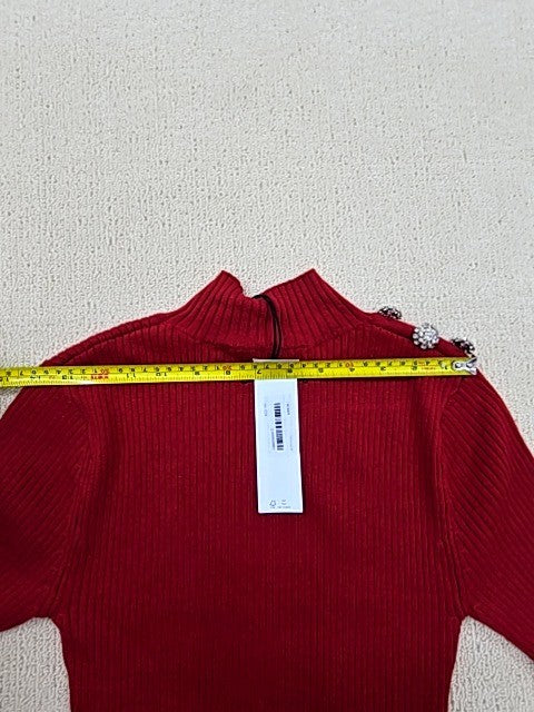Karl Lagerfeld Red Midi Mock Neck Dress L Rib Knit Cut Out Logo