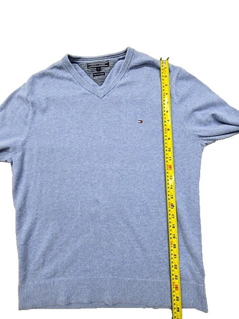 Tommy Hilfiger Men's Light Blue V-Neck Cable Knit Sweater L Pima Cotton Cashmere