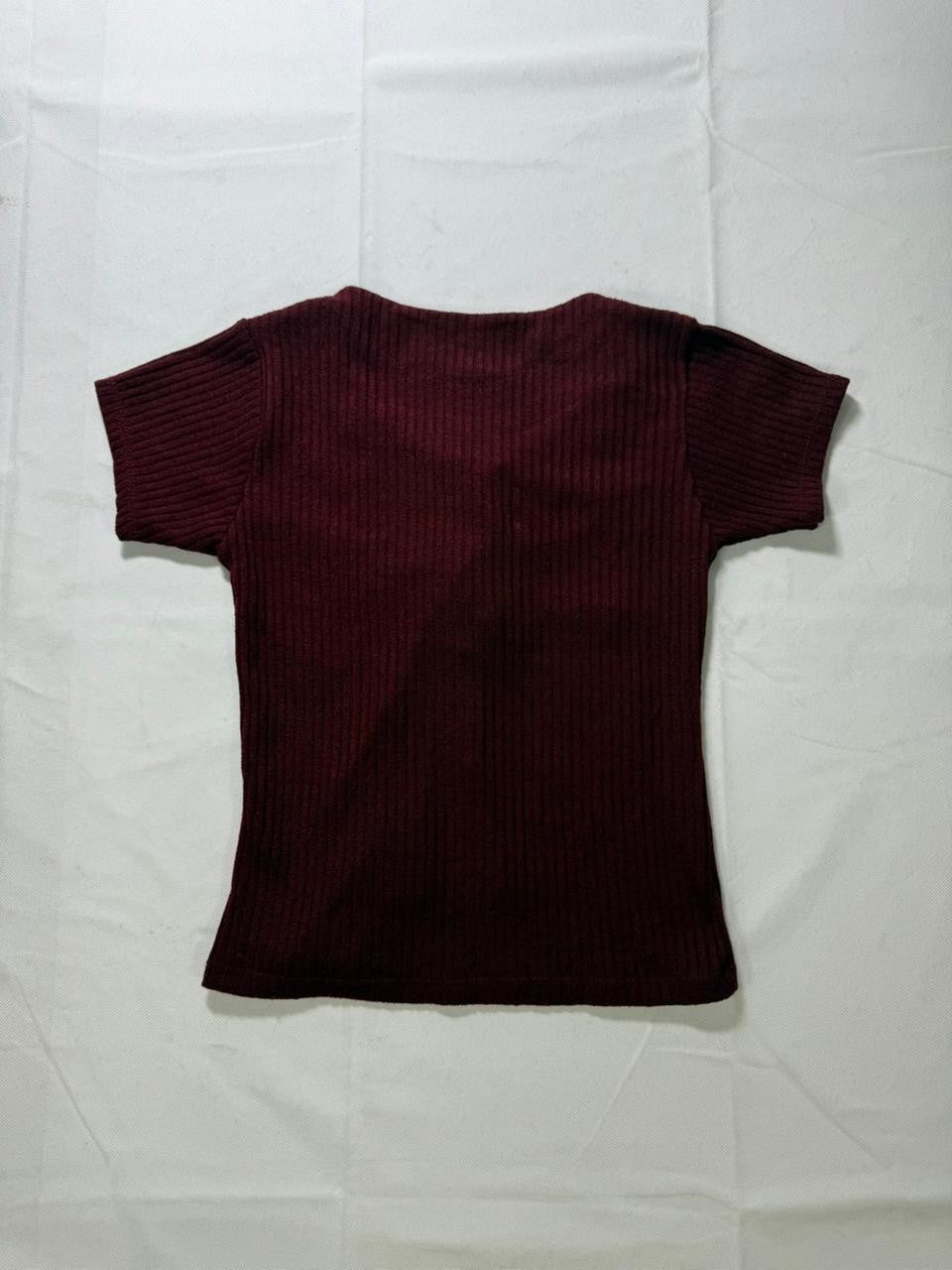 Women's Burgundy Ribbed Short Sleeve Top Lace Up Front Knit Tee | S