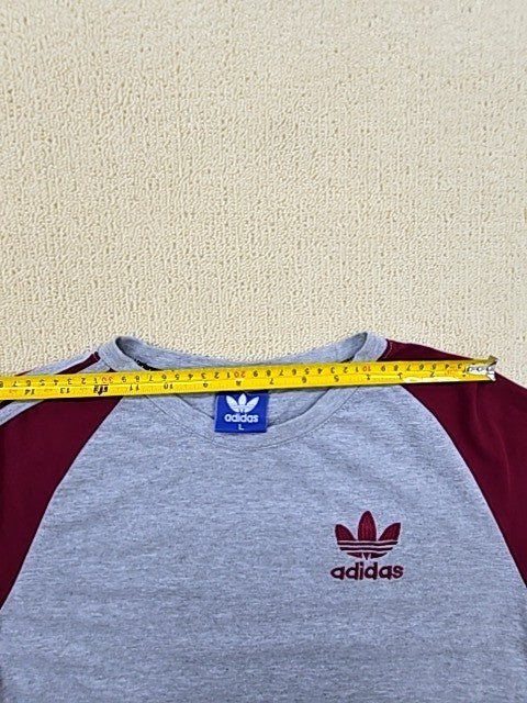 Adidas Grey Raglan Cotton T-Shirt L Short Sleeve Stripes