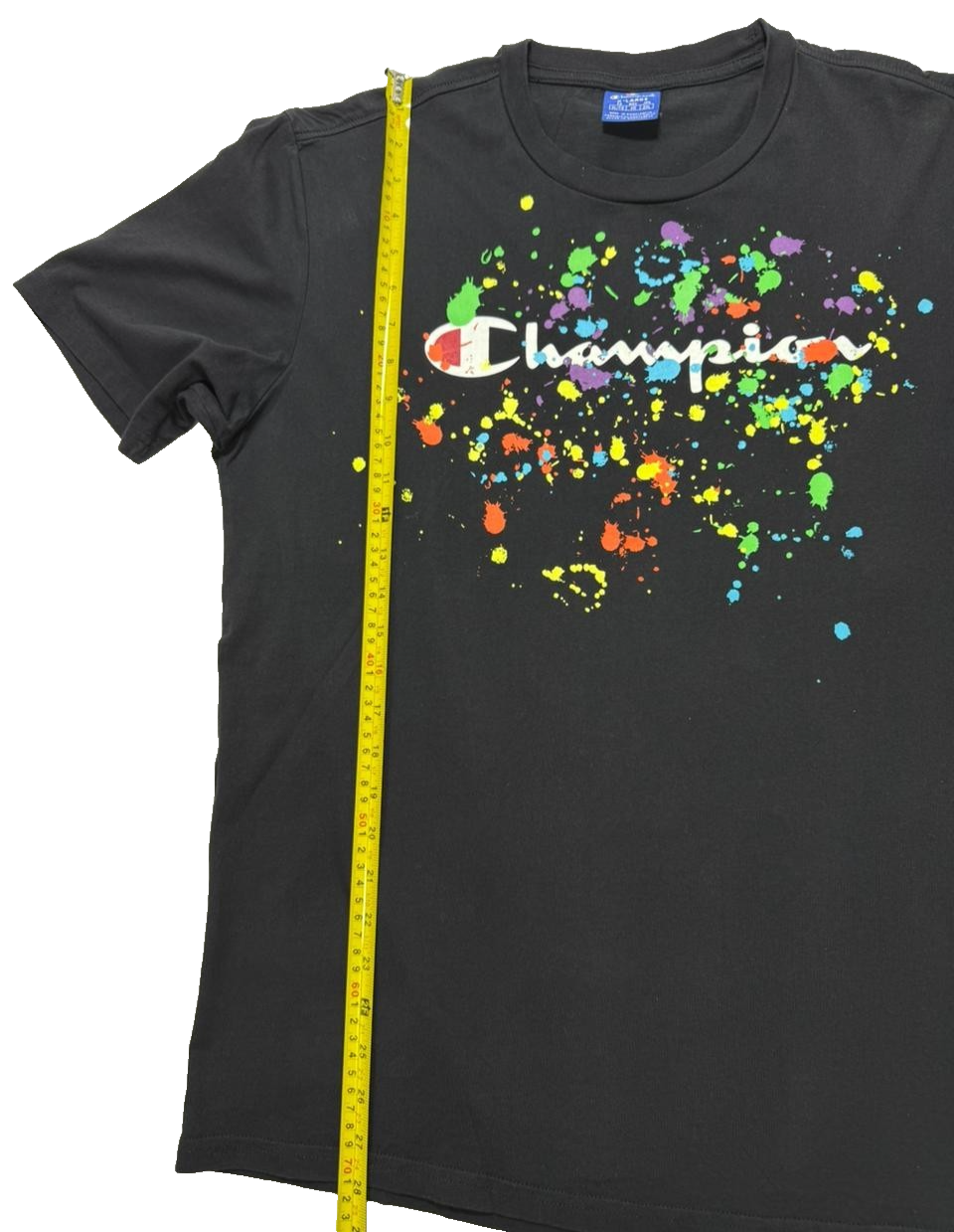 Champion Men's Black T-Shirt Short Sleeve Paint Splatter Logo Tee Casual Top