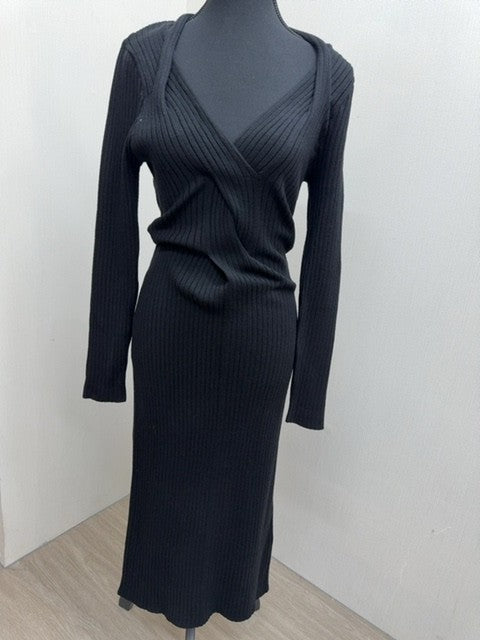 DKNY Black Long Sleeve Shift Midi Dress L Ribbed Knit V-Neck