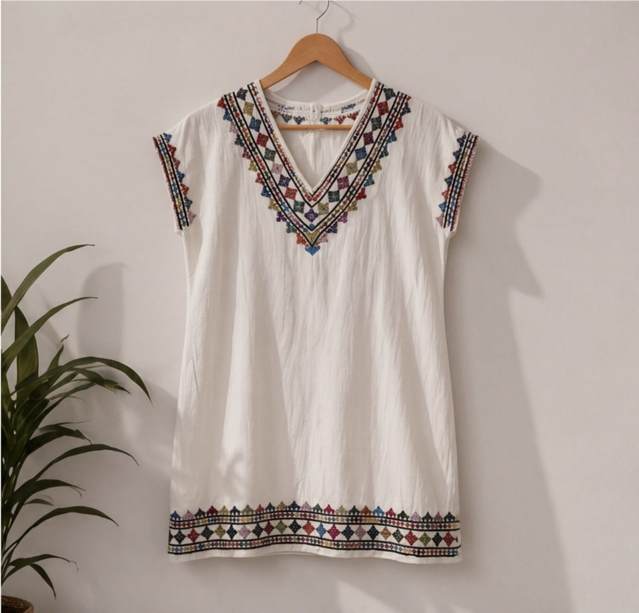 Handmade Embroidered Kurta Tunic Top | White with Red Embroidery | V-Neck | Size S