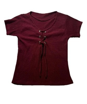Women's Burgundy Ribbed Short Sleeve Top Lace Up Front Knit Tee | S