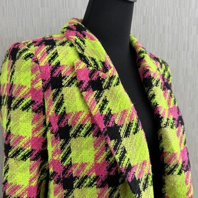 River Island Neon Lime Pink Black Check Boucle Blazer Ladies Size Uk 12 Us 8