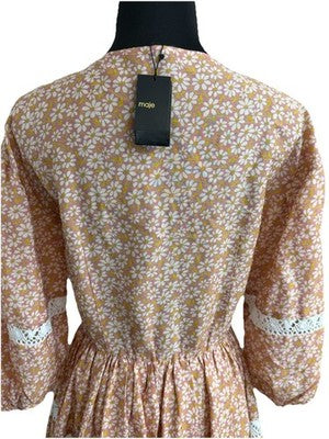 Maje Rayanik Mini Dress In Pink Floral Print, Made From A Linen Blend Rrp $360