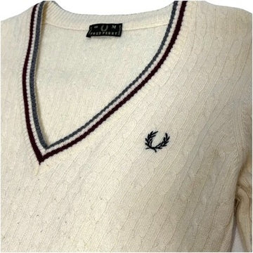 Vtg. Fred Perry Cable Knit Striped V-Neck Sweater Jumper Women's Size Medium
