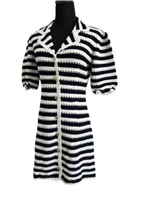 Maje Crochet Rosette Navy Blue Striped V-Neck Short Sleeve Shirt Dress Size 36