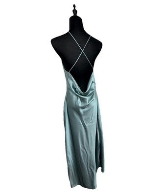 NWT Zara Satin Slip With Spaghetti Straps Midi Dress Blue Gray Size Usa Small