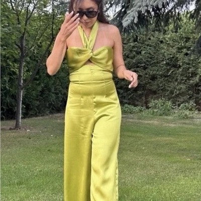 NWT Zara Green Satin Cutout Bow Wide Leg Jumpsuit Size Small