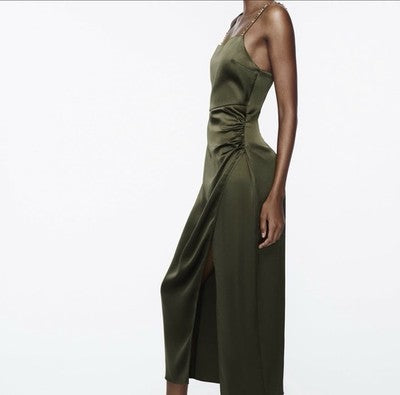 Zara Women's Satin Effect Beaded Slip Midi Dress Small Green Khaki Nwot