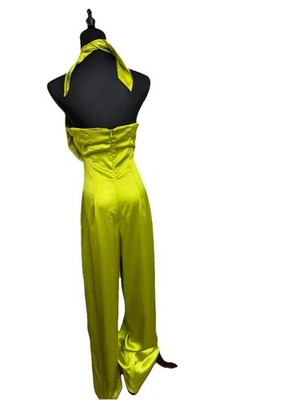 NWT Zara Green Satin Cutout Bow Wide Leg Jumpsuit Size Small