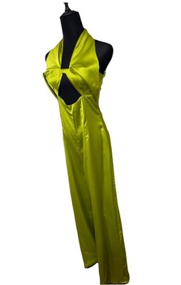 NWT Zara Green Satin Cutout Bow Wide Leg Jumpsuit Size Small
