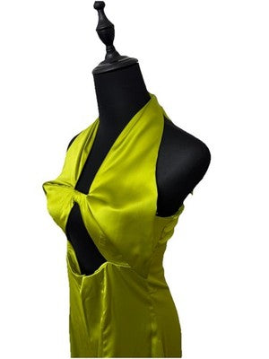 NWT Zara Green Satin Cutout Bow Wide Leg Jumpsuit Size Small