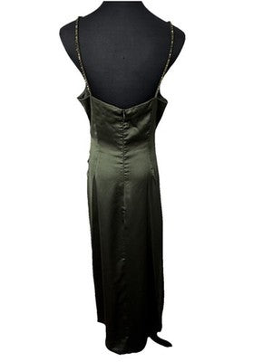 Zara Women's Satin Effect Beaded Slip Midi Dress Small Green Khaki Nwot