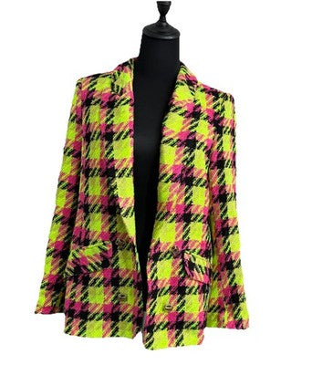 River Island Neon Lime Pink Black Check Boucle Blazer Ladies Size Uk 12 Us 8