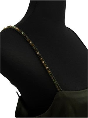 Zara Women's Satin Effect Beaded Slip Midi Dress Small Green Khaki Nwot