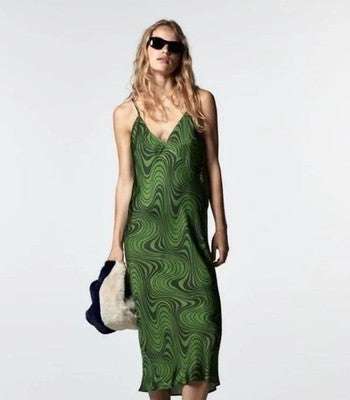 Zara Women's Green Slip Midi Dress V-Neck Strappy Psychedelic Swirl Size Small