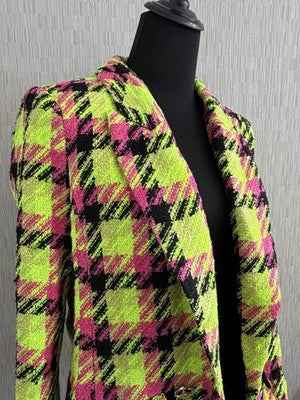 River Island Neon Lime Pink Black Check Boucle Blazer Ladies Size Uk 12 Us 8