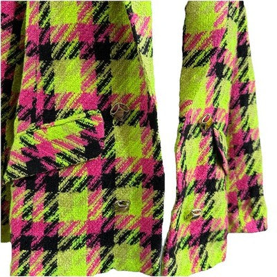 River Island Neon Lime Pink Black Check Boucle Blazer Ladies Size Uk 12 Us 8