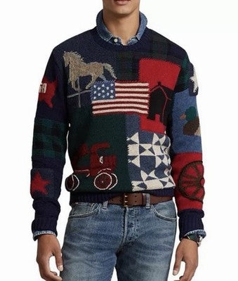New Polo Ralph Lauren Flag Patchwork 100% Wool Sweater L (Msrp $998)