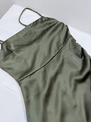 Zara Women's Satin Effect Beaded Slip Midi Dress Small Green Khaki Nwot