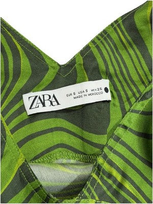 Zara Women's Green Slip Midi Dress V-Neck Strappy Psychedelic Swirl Size Small