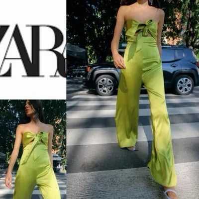 NWT Zara Green Satin Cutout Bow Wide Leg Jumpsuit Size Small