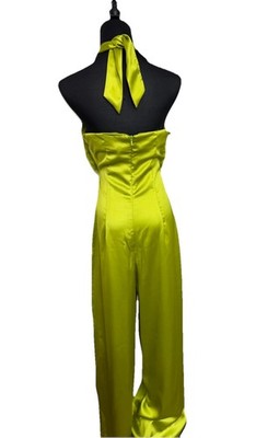 NWT Zara Green Satin Cutout Bow Wide Leg Jumpsuit Size Small