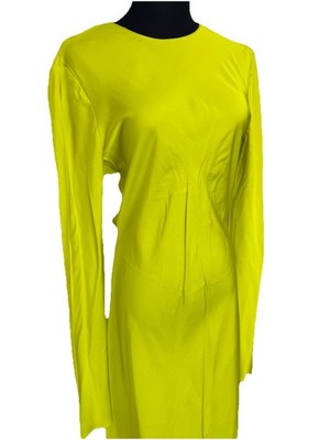 Zara Lime Green Neon Long Sleeve Tie Up Back Satin Dress Size Small