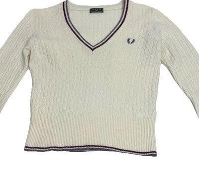 Vtg. Fred Perry Cable Knit Striped V-Neck Sweater Jumper Women�S Size Medium