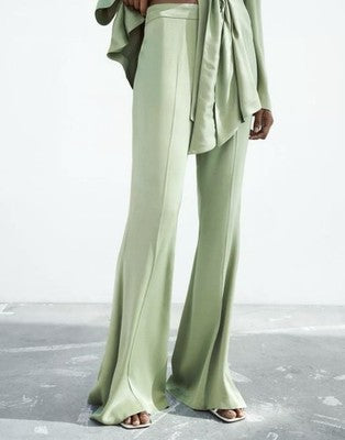 Zara Woman NWT Green Flared Satin Effect Pants Size Medium