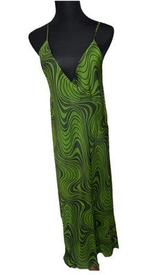 Zara Women's Green Slip Midi Dress V-Neck Strappy Psychedelic Swirl Size Small