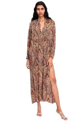 Zara Bohemian Print Ocher Maxi Side Slit Tunic Paisley Dress Usa Xs-S