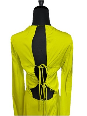 Zara Lime Green Neon Long Sleeve Tie Up Back Satin Dress Size Small