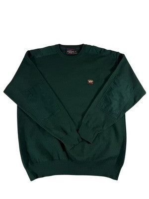 Paul & Shark XL Dark Green Wool Yachting Sweater Crewneck Shark Logo Patches
