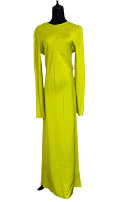 Zara Lime Green Neon Long Sleeve Tie Up Back Satin Dress Size Small