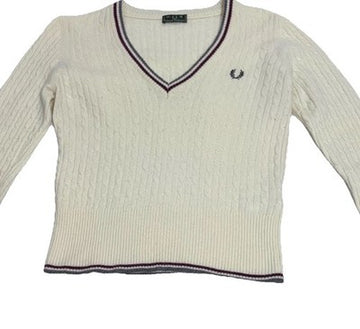 Vtg. Fred Perry Cable Knit Striped V-Neck Sweater Jumper Women's Free Shipping