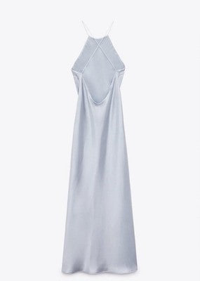 Nwt Zara Satin Slip With Spaghetti Straps Midi Dress Blue Gray Size Usa Small