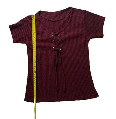 Women's Burgundy Ribbed Short Sleeve Top Lace Up Front Knit Tee | S