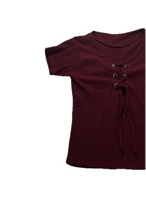 Women's Burgundy Ribbed Short Sleeve Top Lace Up Front Knit Tee | S