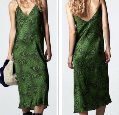 Zara Womens Green Slip Midi Dress V-Neck Strappy  Psychedelic Swirl Size Small