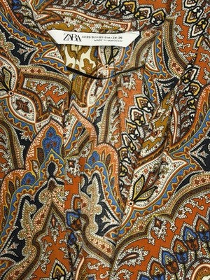 Zara Bohemian Print Ocher Maxi Side Slit Dress Usa XS-S