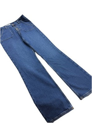 Zara Wide Leg Women Jeans Button Fly High Rise Front Patch Pockets